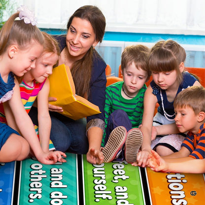 Overhead layout of kids classroom carpet highlighting horizontal colored pencils and festive confetti. - thumbnail image 4 of 7