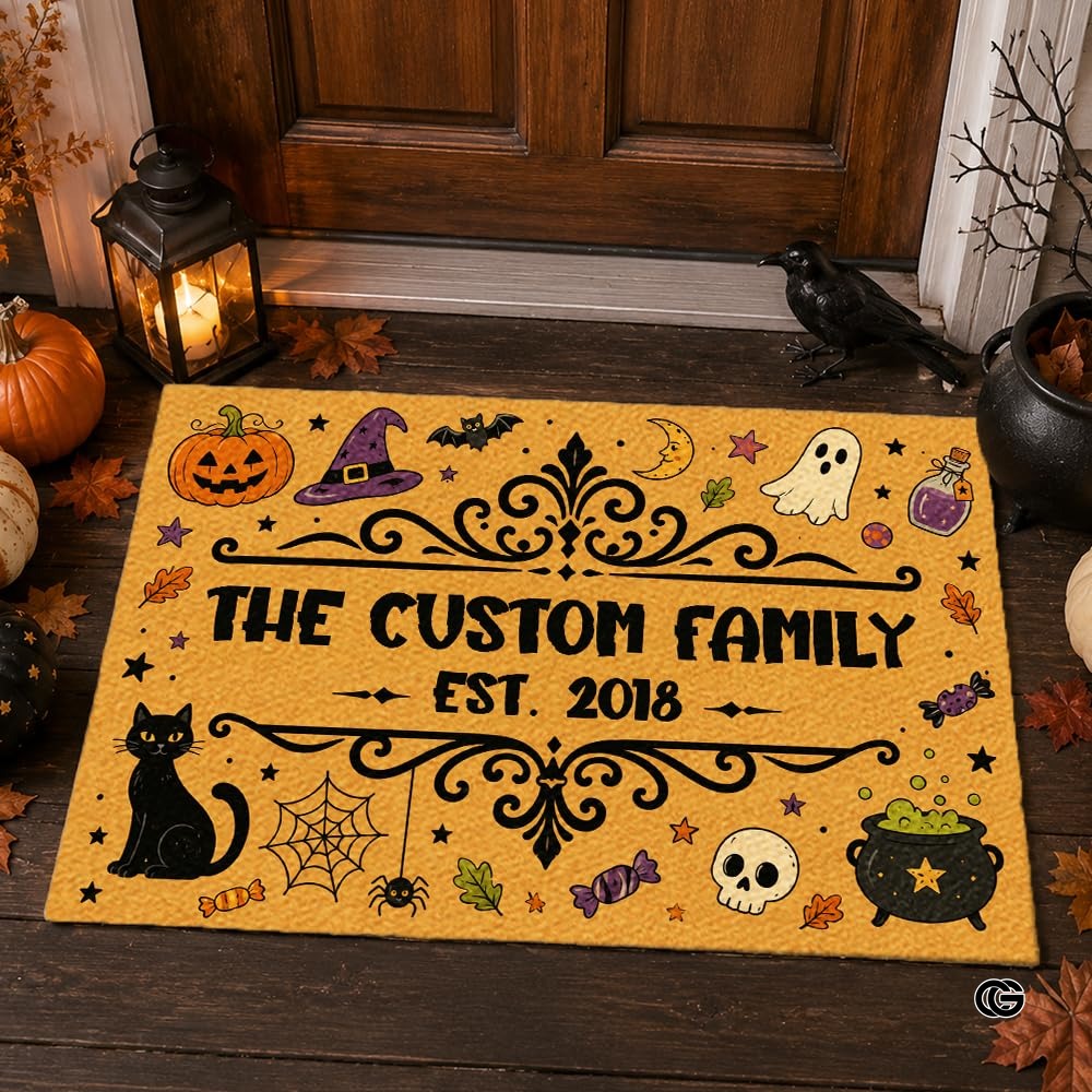 Halloween Door Mat Outdoor, Custom Spooky Welcome Mat with Black Cat and Pumpkin, Fall Front Door Mat for Porch Entryway Decor #5