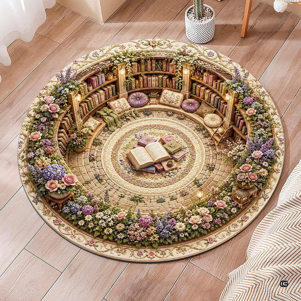3D secret garden sunken library floral courtyard circular area rug in primary perspective