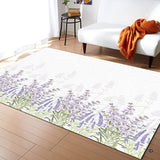 Botanical purple lavender blossoms and green foliage along the border of an off-white area rug