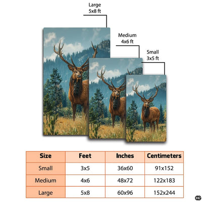 Dimensions and sizing options chart for majestic bull elk mountain meadow area rug - thumbnail image 2 of 7