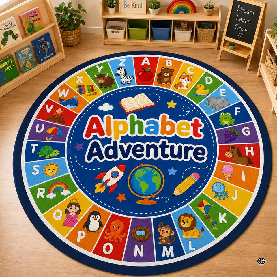 Classroom area rug with colorful thematic accent arcs and animal illustrations around a navy center.