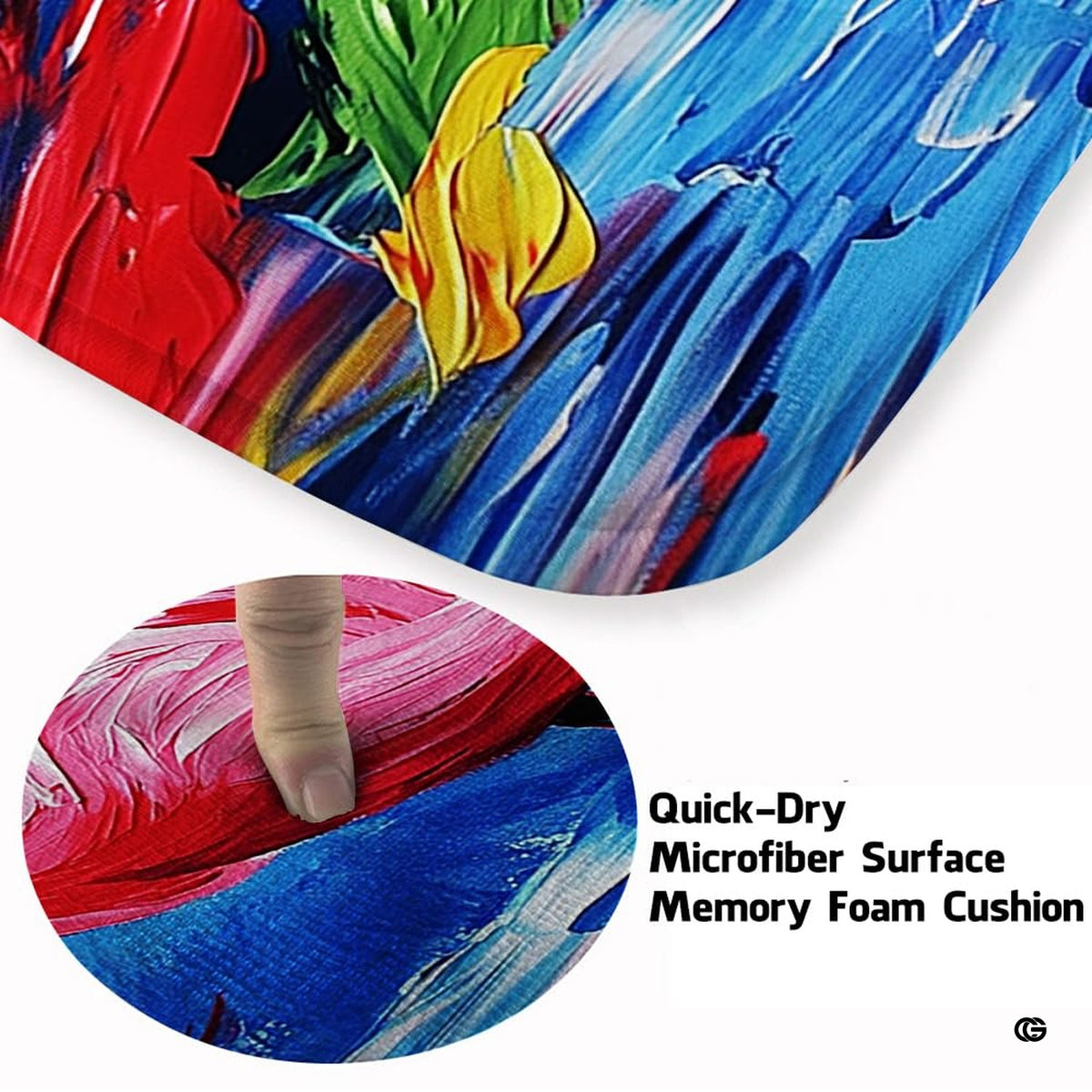 Infographic illustrating anti-slip backing, stain resistance, and kid-friendly plush microfiber