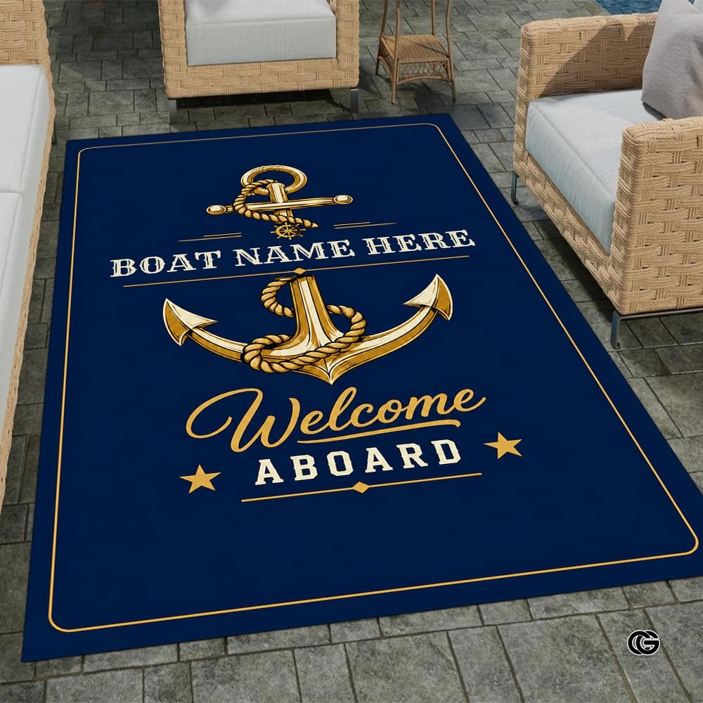 Custom Boat Rug, Personalized Welcome Aboard Mat with Boat Name, Nautical Area Rug for Deck, Entryway or Floor, Anchor Marine Decor, Boating Gift (Boat Rug 02)
