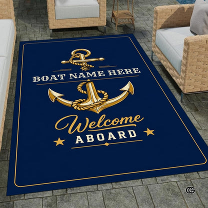 Custom Boat Rug, Personalized Welcome Aboard Mat with Boat Name, Nautical Area Rug for Deck, Entryway or Floor, Anchor Marine Decor, Boating Gift (Boat Rug 02)
