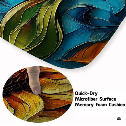 Close up texture detail of swirling sunflower area rug soft pile surface and hemmed edges. - thumbnail image 3 of 7