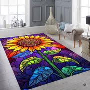 Chillgen stained glass sunflower rug displayed in an open dining room with natural lighting highlighting rich colors. - thumbnail image 6 of 8