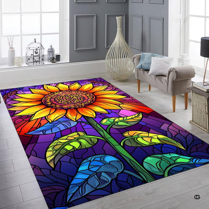 Chillgen stained glass sunflower rug displayed in an open dining room with natural lighting highlighting rich colors. - thumbnail image 6 of 8