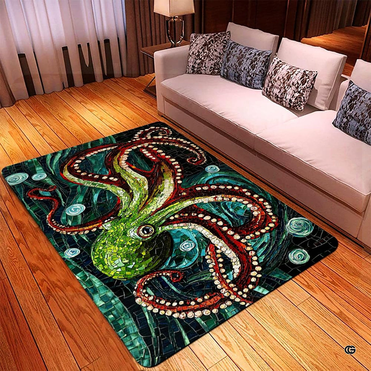Stained glass marine life decorative octopus floor rug centered in an elegant coastal home interior.