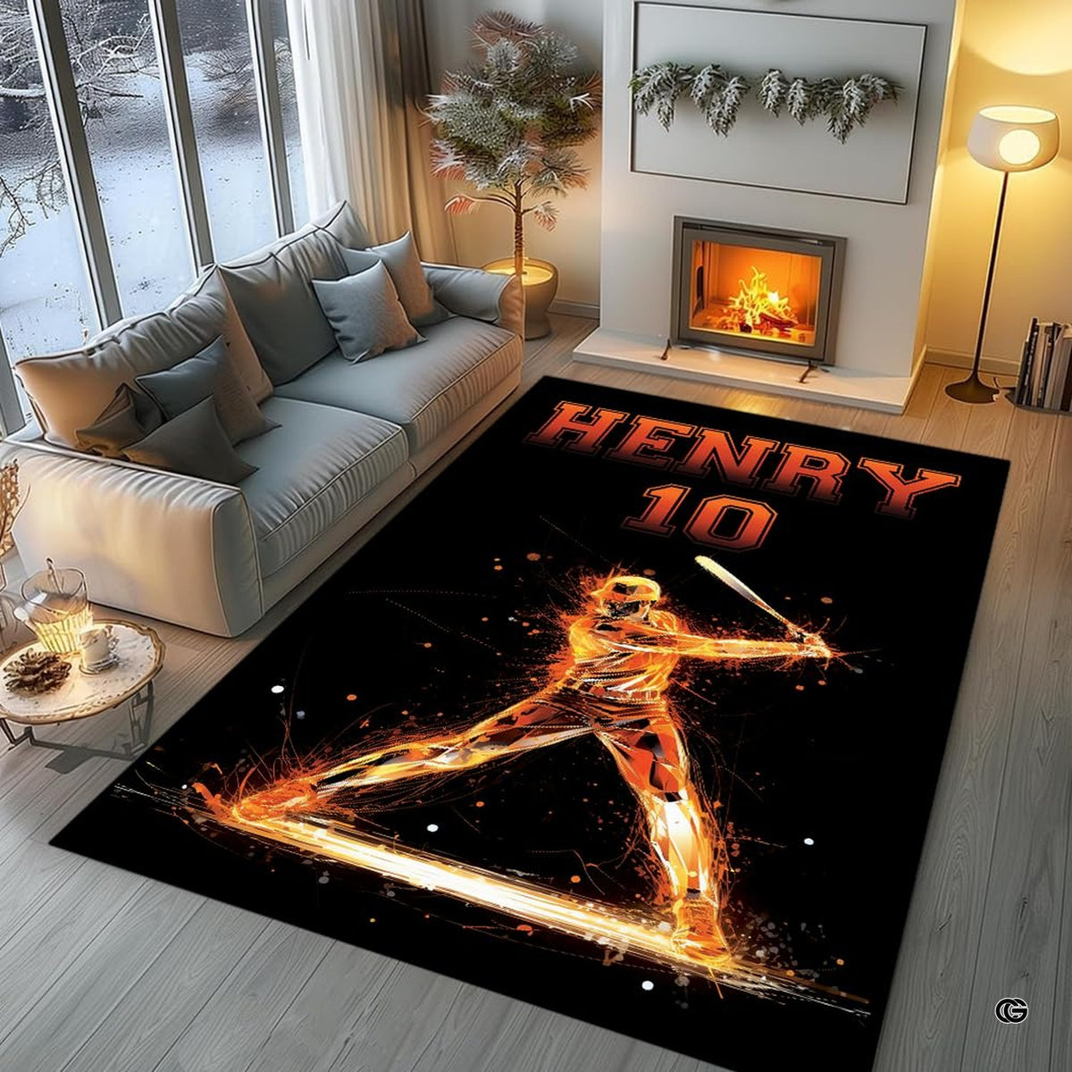 Side angle view of baseball play area rug showcasing ember splatter motif - image 5 of 7