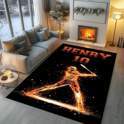 Side angle view of baseball play area rug showcasing ember splatter motif - thumbnail image 5 of 7
