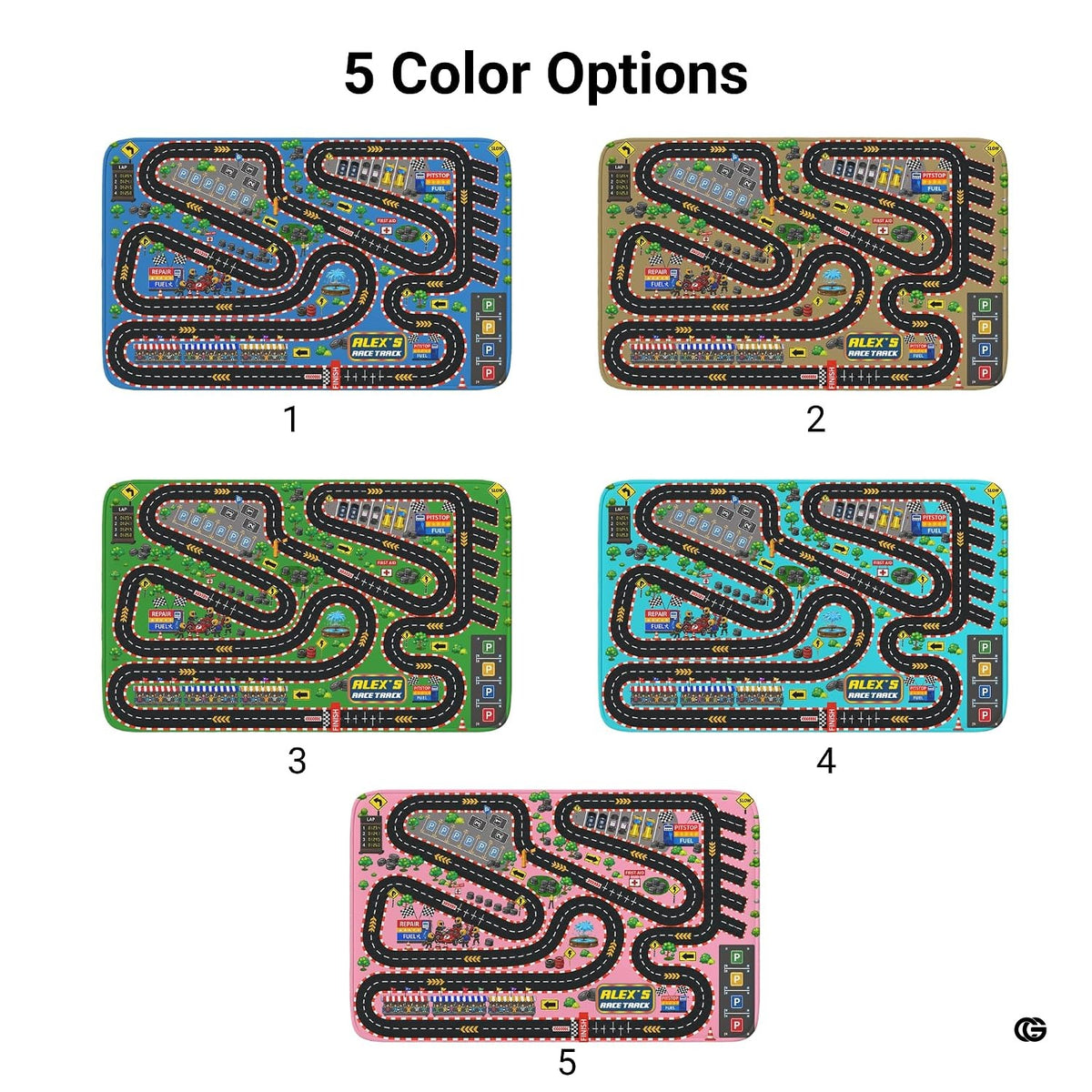 Toy car raceway layout with pit lane and spectator bleachers on blue play rug