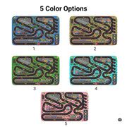 Toy car raceway layout with pit lane and spectator bleachers on blue play rug - thumbnail image 3 of 9