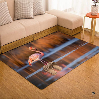 Pink flamingo area rug displaying a scenic wading bird over reflective twilight water. - thumbnail image 1 of 7