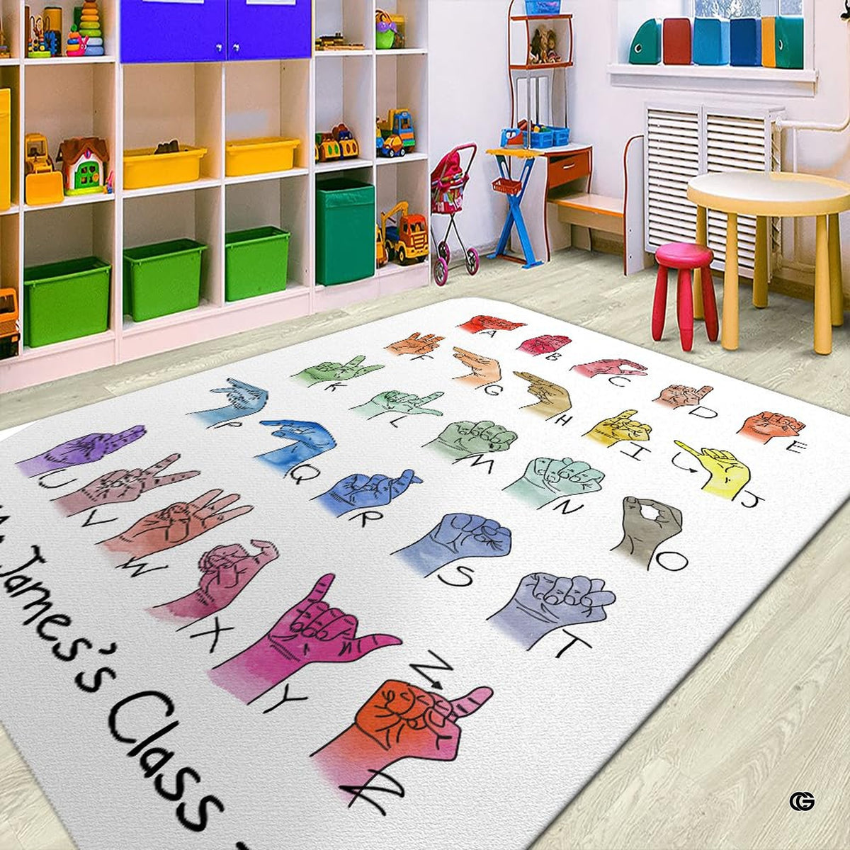 Dimension chart displaying size options for watercolor ASL classroom area rug. - image 2 of 8