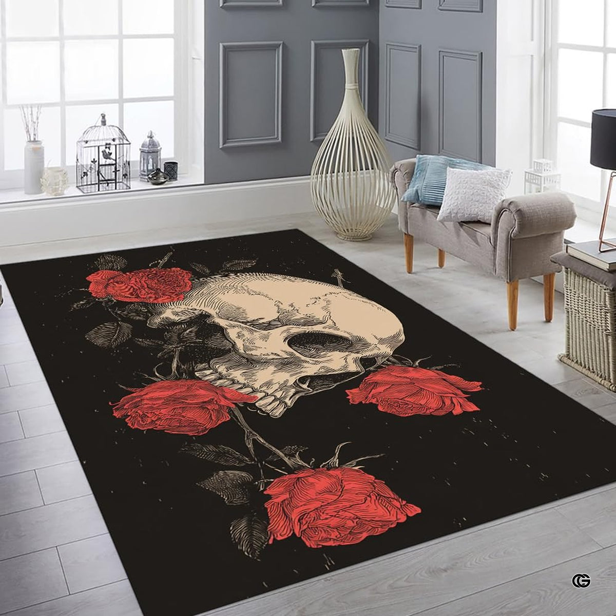 Floor layout view showing the complete woodcut illustration of the human skull and red rose branches