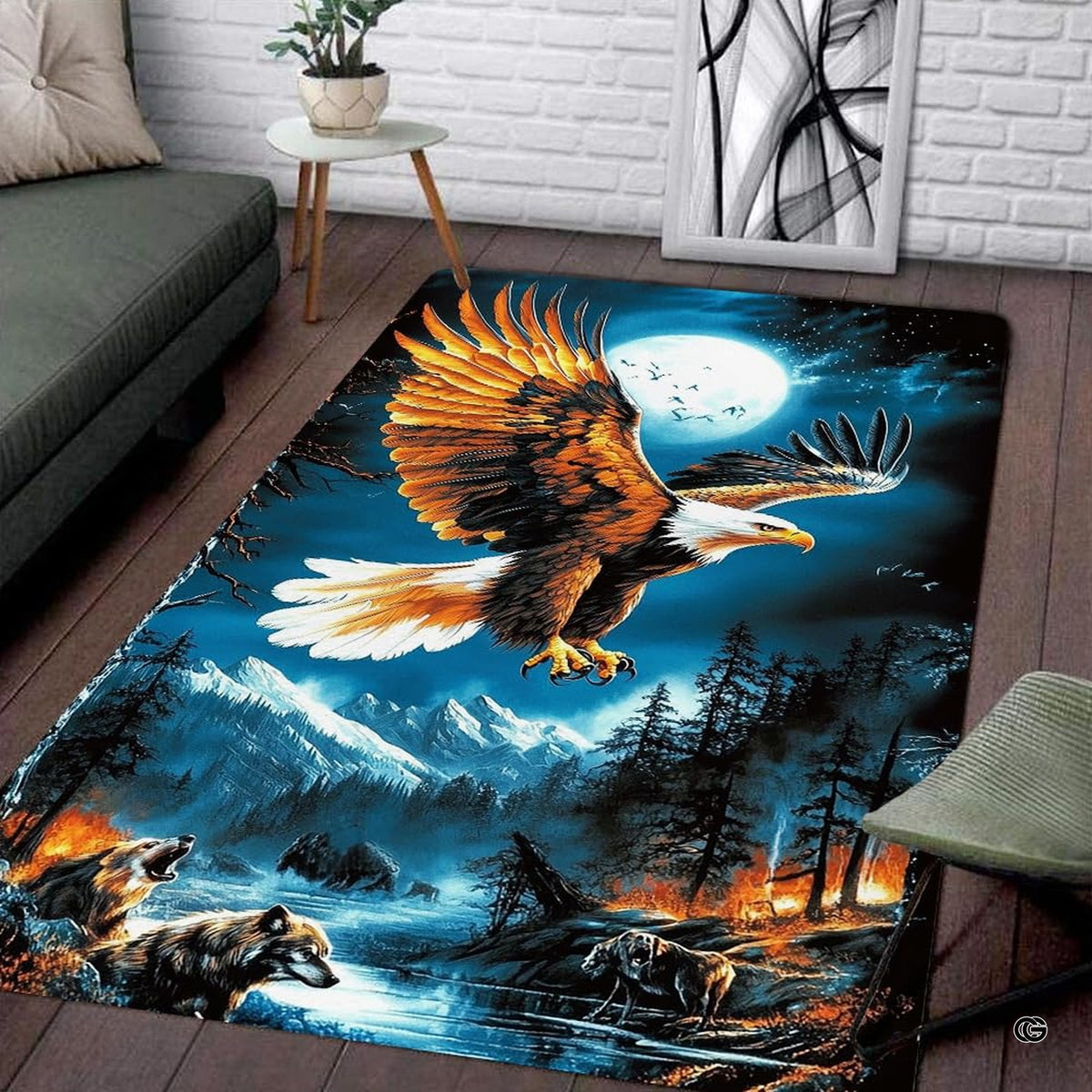 Moonlit soaring eagle wilderness living room area rug with full moon and mountain wolves - image 1 of 7