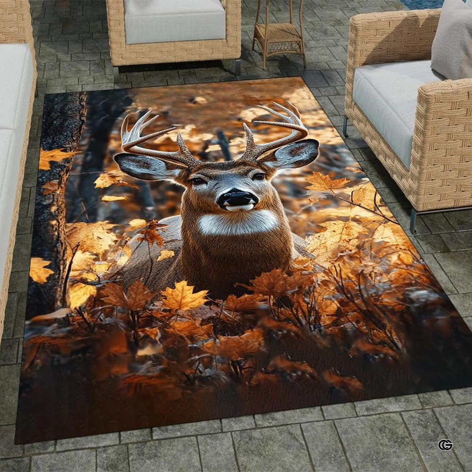 Woodland animal rug displaying a whitetail buck deer resting among golden autumn maple leaves.