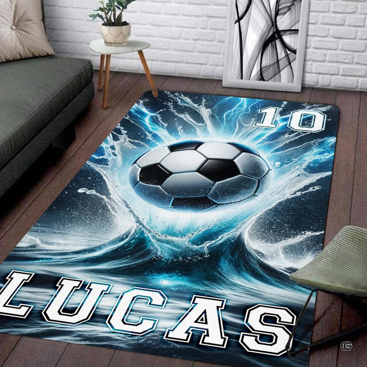 Soccer splash area rug placed alongside contemporary living room furniture. - image 7 of 8