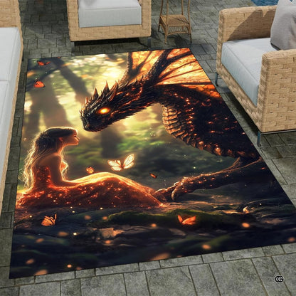 Fantasy maiden and dragon motif rug positioned under accent lighting in a stylish suite. - thumbnail image 7 of 7