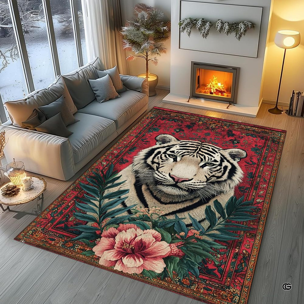 Living room arrangement showing crimson red white tiger rug on wooden floor - image 5 of 8