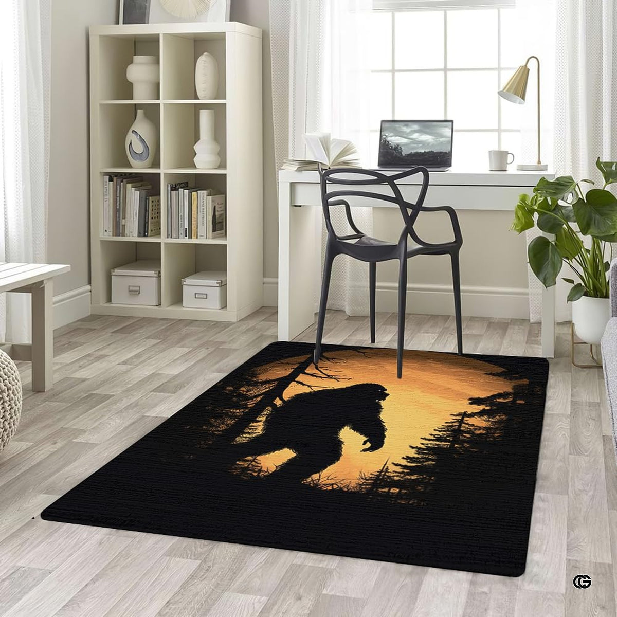Bigfoot Sasquatch forest sunset area rug styled in modern patio seating setup - image 5 of 5
