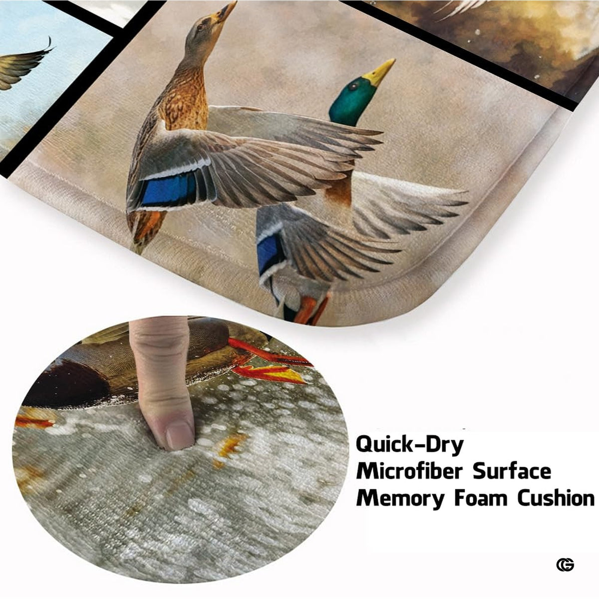 Soft low-pile microfiber surface texture on flying mallard drake wildlife rug