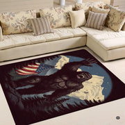 Cozy living room corner with patterned cushions showcasing waving bigfoot american flag rug - thumbnail image 4 of 5
