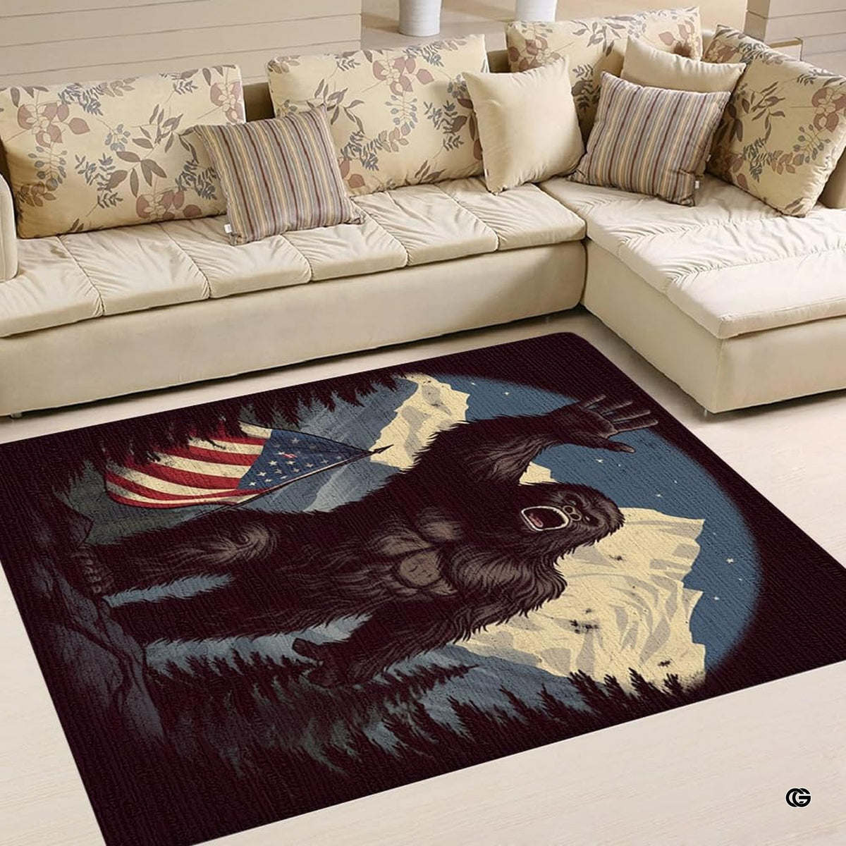 Cozy living room corner with patterned cushions showcasing waving bigfoot american flag rug - image 4 of 5