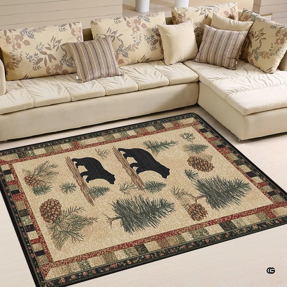 Floor mockup highlighting the black bear trail rug beside sofa furnishings - image 2 of 5