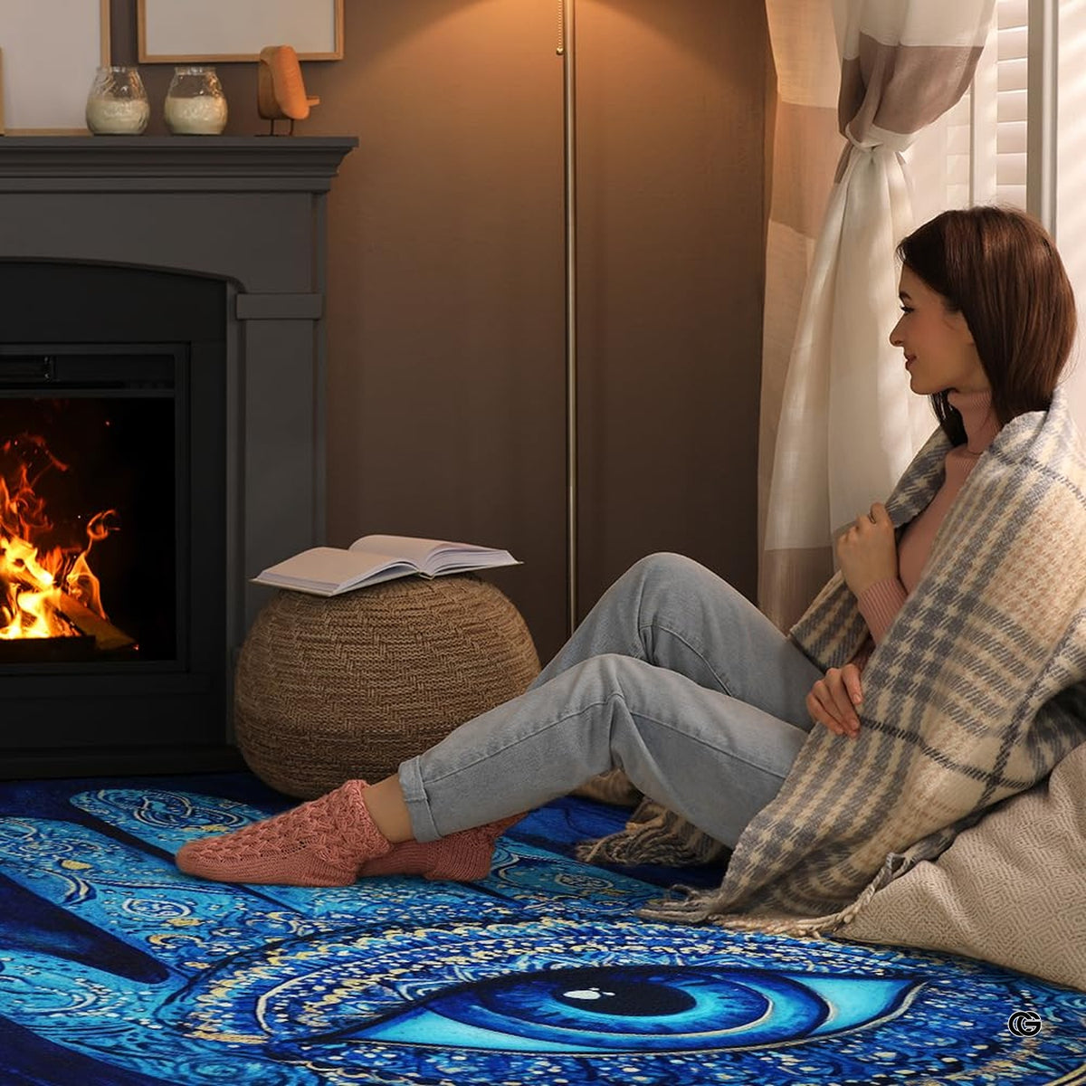 Full room perspective showcasing the ornate Hamsa Evil Eye area rug as a decorative centerpiece.