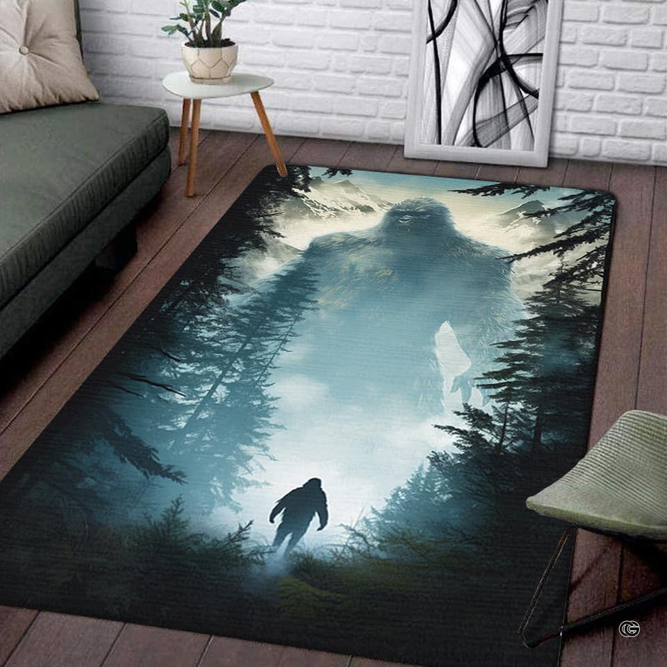 Bigfoot silhouette walking through misty pine tree rug landscape in living room decor.