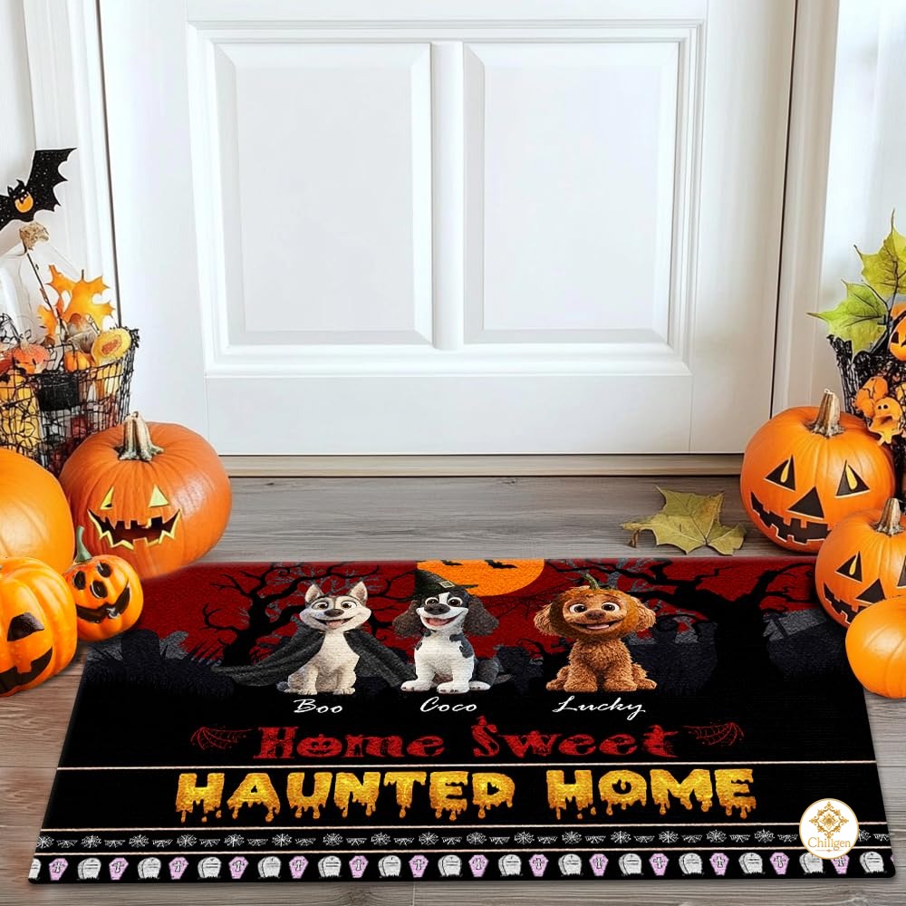 Custom Halloween Dog Doormat with Pumpkin and Bat - Style #3