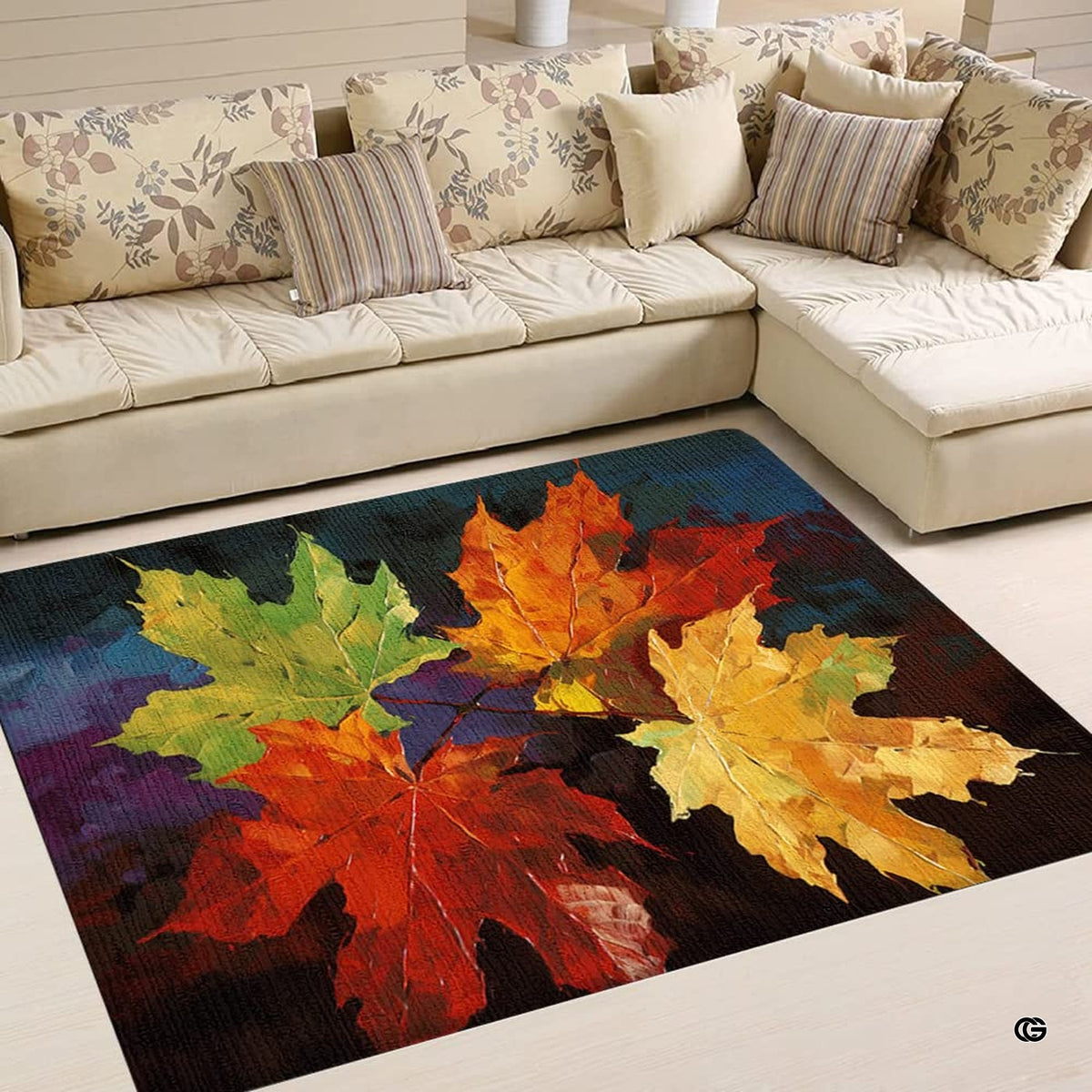 Spacious bedroom mockup featuring the palette knife autumn leaf art rug - image 2 of 7