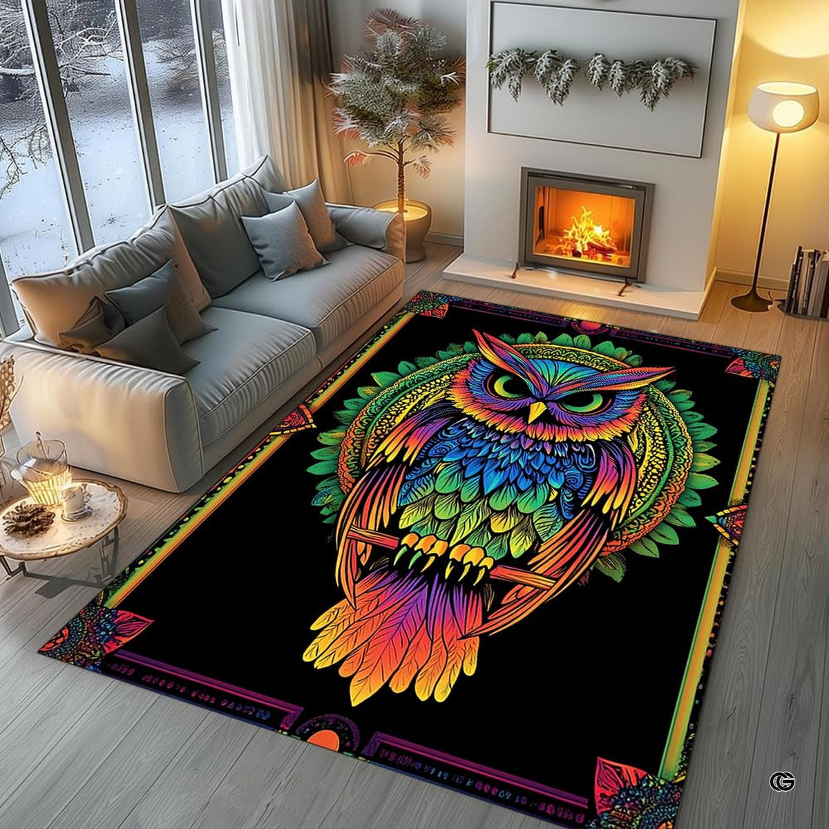 Eclectic lounge space decorated with a bold psychedelic owl floor piece anchoring minimal contemporary decor. - image 7 of 8