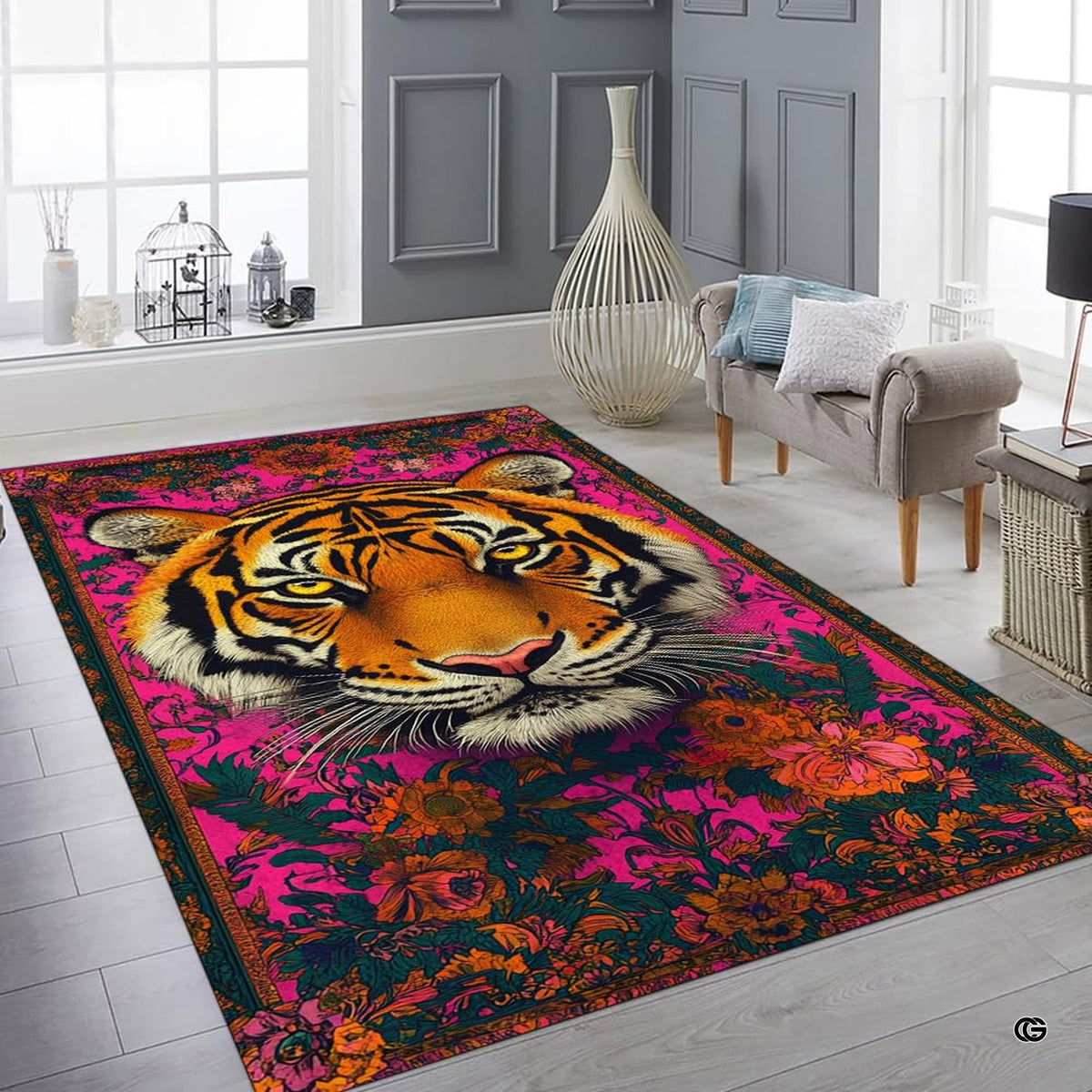 Bright interior decor setup featuring the maximalist pink tiger floor carpet - image 6 of 8