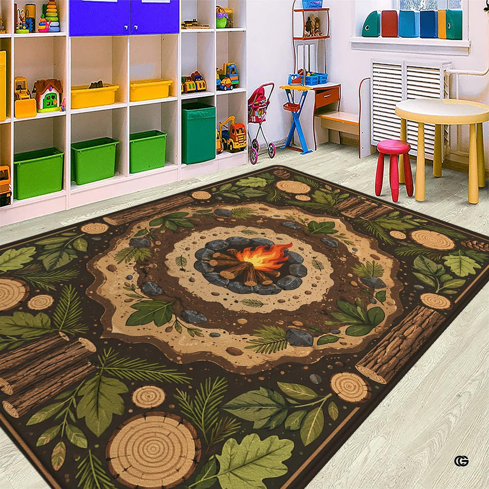 Campfire classroom rug featuring central glowing fire pit and river stones for circle time seating.