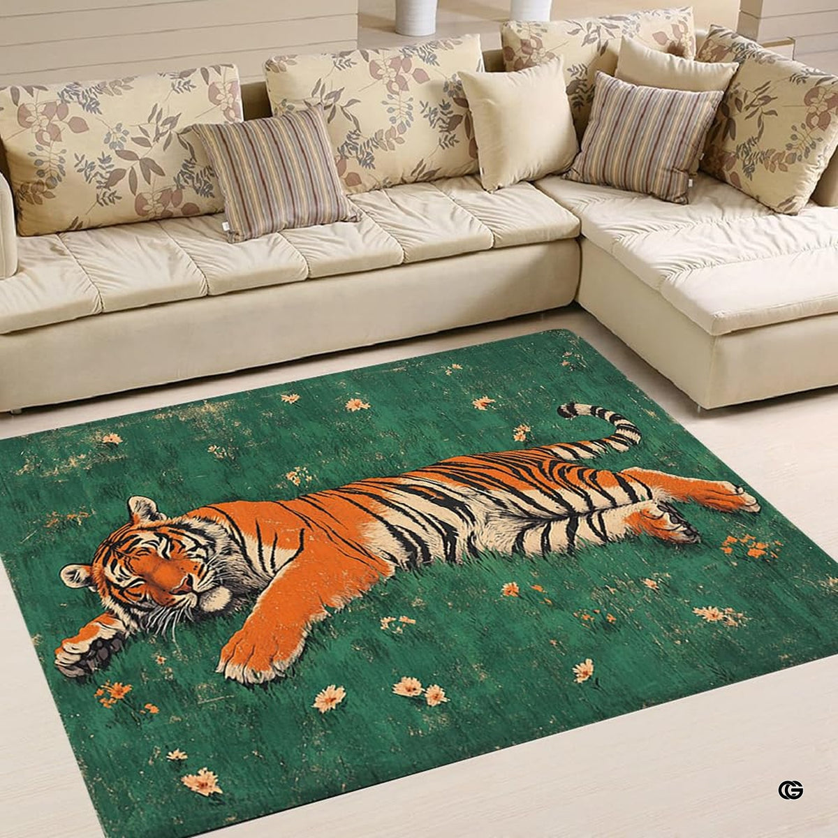 Resting tiger meadow green grass living room area rug in front of a sectional couch - image 1 of 9