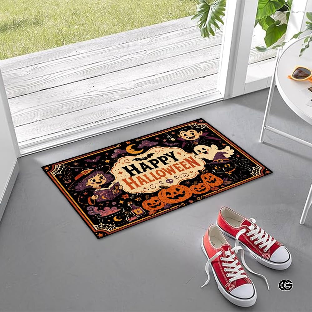 Halloween Door Mat Outdoor, Custom Spooky Welcome Mat with Black Cat and Pumpkin, Fall Front Door Mat for Porch Entryway Decor #2