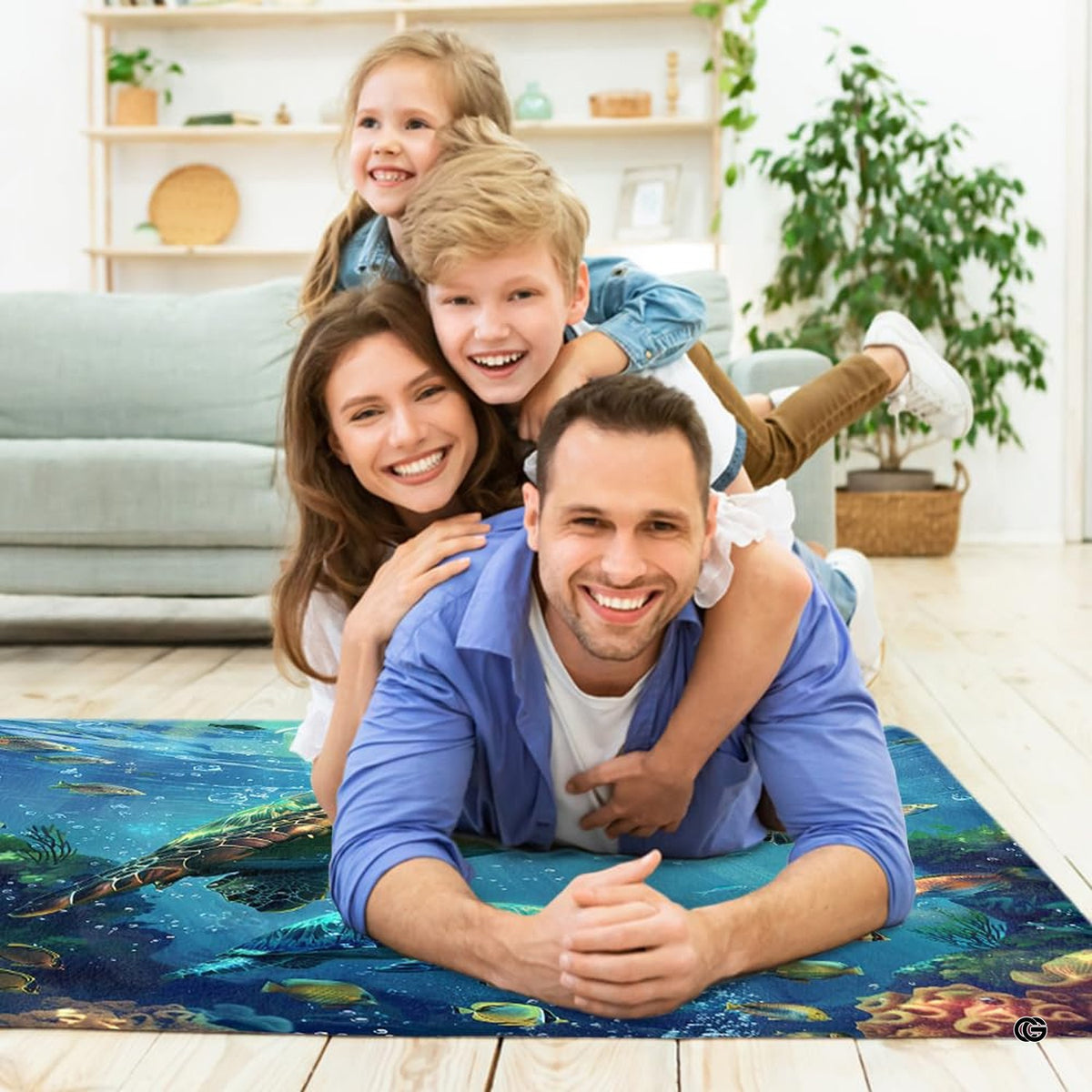 Lifestyle scene featuring family lounging on sea turtle duo area rug.