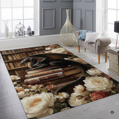 Gothic black dragon resting on antique leather books surrounded by white peony flowers in a library area rug. - thumbnail image 6 of 8