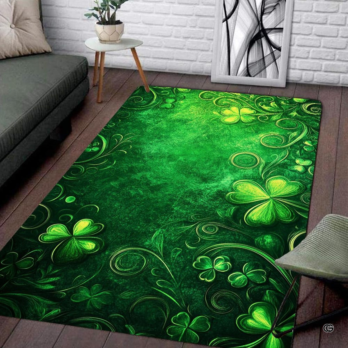 Emerald Celtic clover area rug displaying ornate shamrock flourishes and filigree vines.