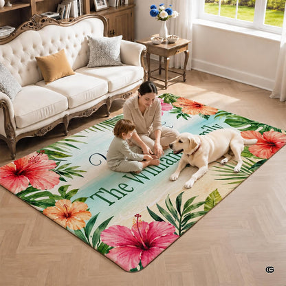 Personalized Tropical Beach Rug, Custom Family Name Tropical Outdoor Rug, Flamingo Surfboard Ocean Area Rug for Living Room, Patio, Beach House Decor, Design 07