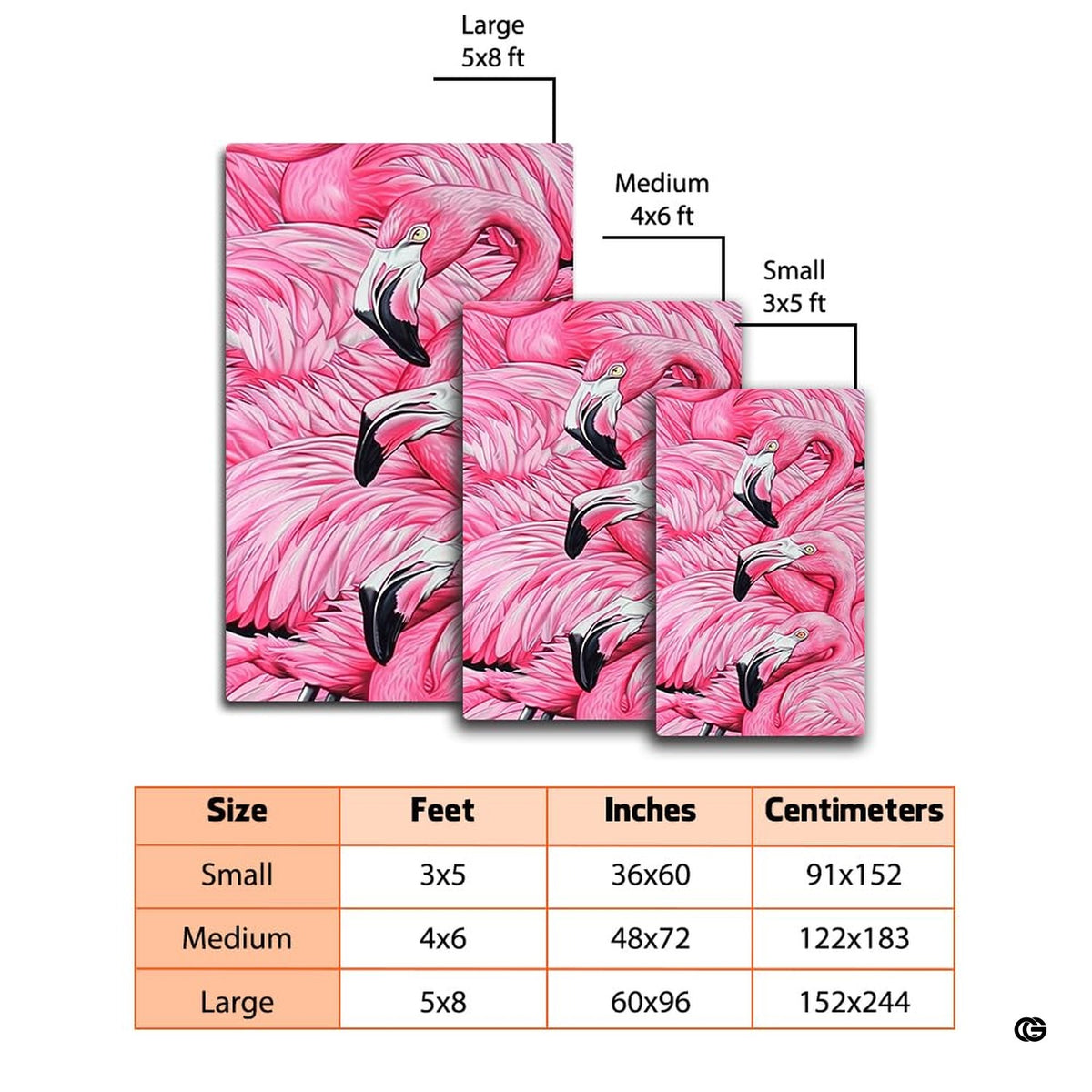 Dimensions and sizing chart for pink flamingo trio feathers area rug