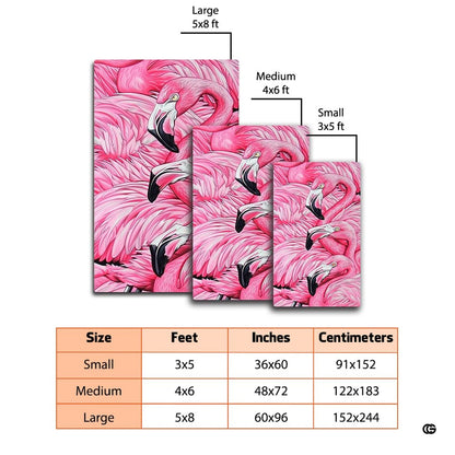 Dimensions and sizing chart for pink flamingo trio feathers area rug - thumbnail image 2 of 7