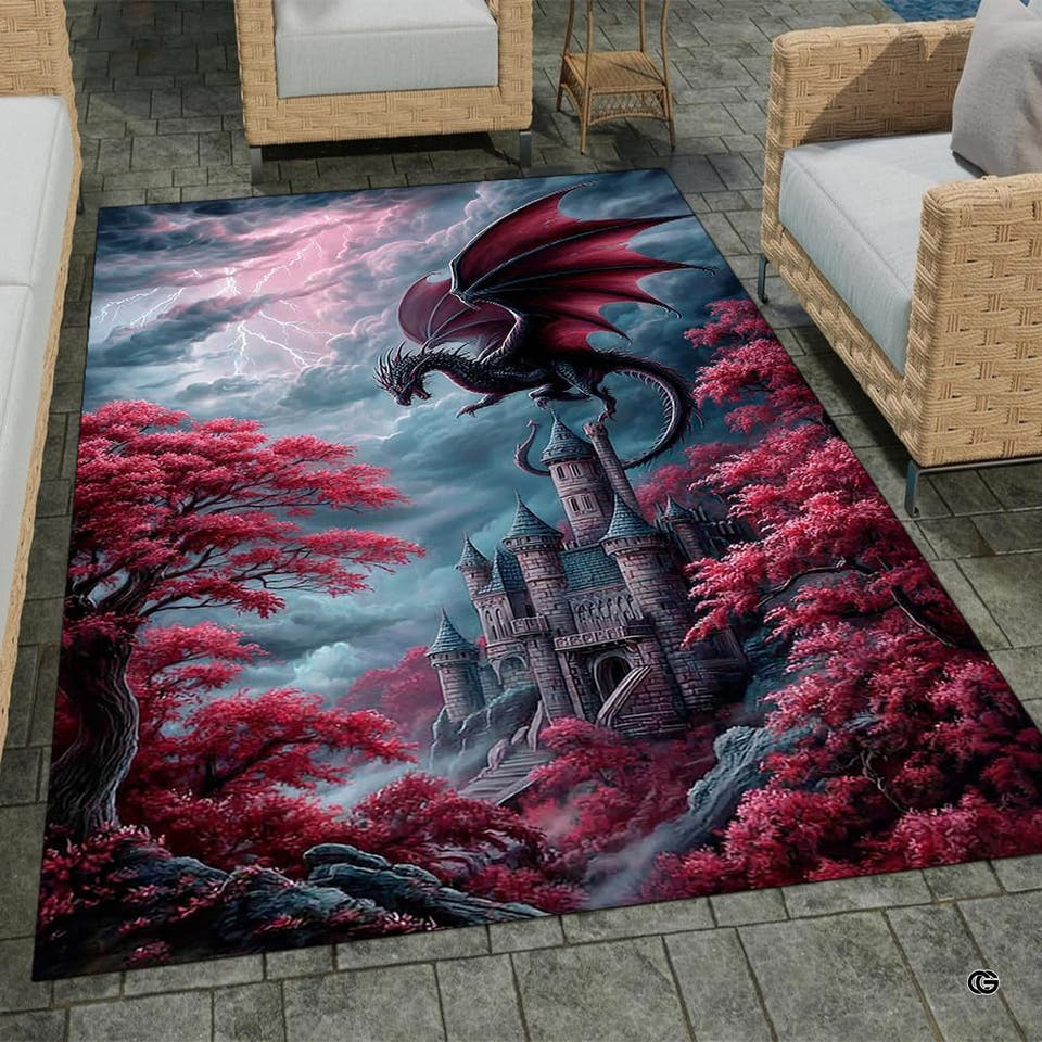 Pink forest dragon rug with a stone castle
