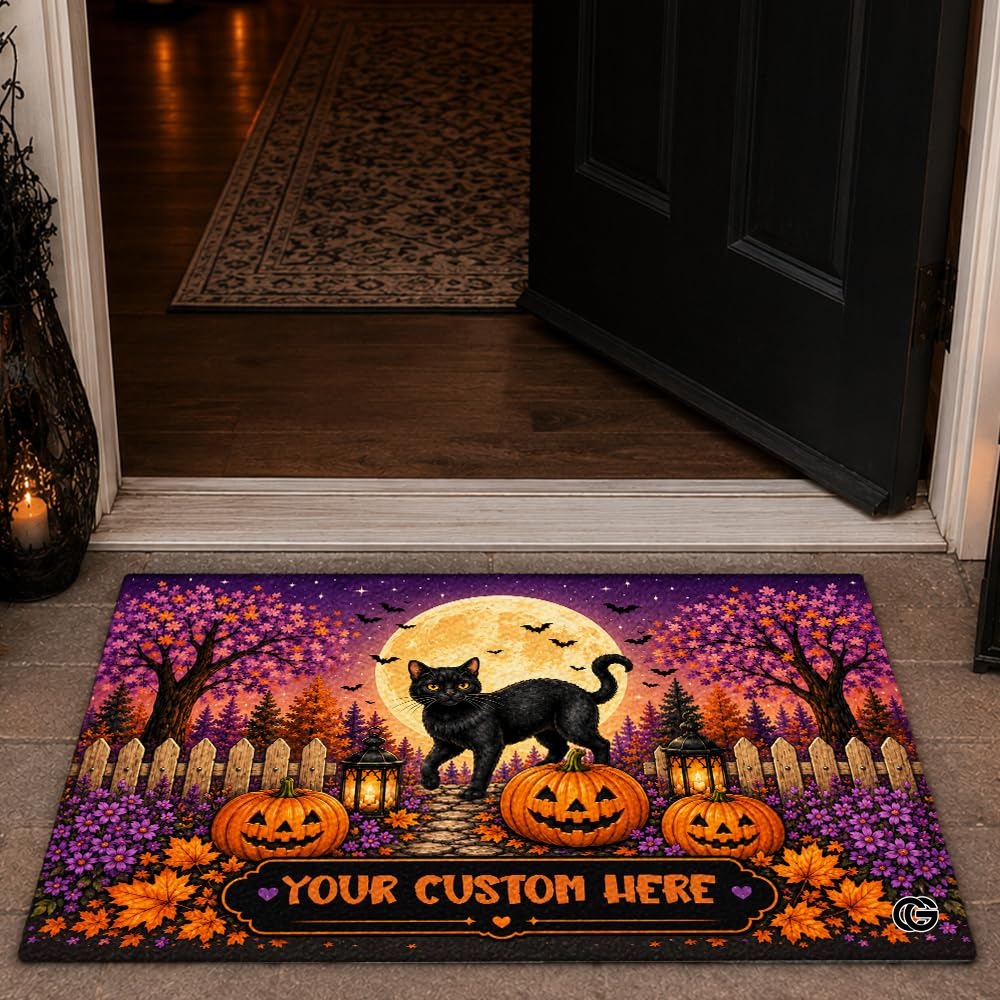 Halloween Door Mat Outdoor, Custom Spooky Welcome Mat with Black Cat and Pumpkin, Fall Front Door Mat for Porch Entryway Decor #4