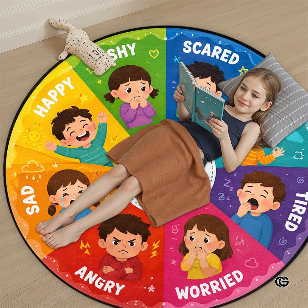 Wheel of Feelings and Emotions Round Rug, Educational Mental Health Rug for Classroom, Educational Animal Shape School Mat, Back to School Gift (Feeling 1)