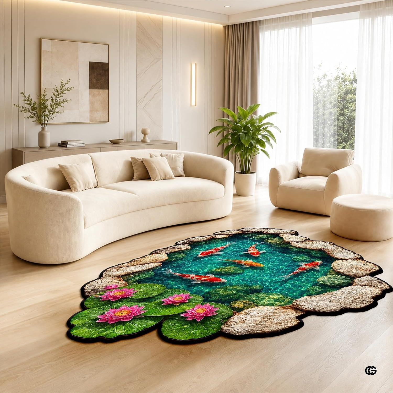 Custom Japanese Koi Fish Shaped Area Rug, Personalized 3D Optical Illusion Koi Pond Lotus Non Slip Washable Shaped Floor Mat, Fish Pond Rugs for Bedroom Living Room Decor (1, D3)