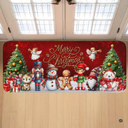 Festive Merry Christmas holiday hallway runner rug with nutcracker, snowman, and holiday friends. (Angle 1) - thumbnail image 1 of 7